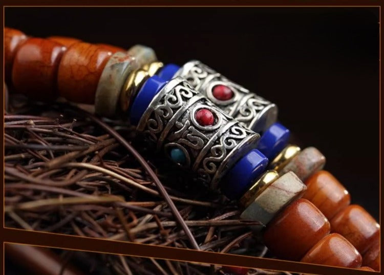 Tibet 108 Camel Bone Mala Beads White Jade Bodhi Seed Vajra Silver Snowflake Auspiciousness Bracelet