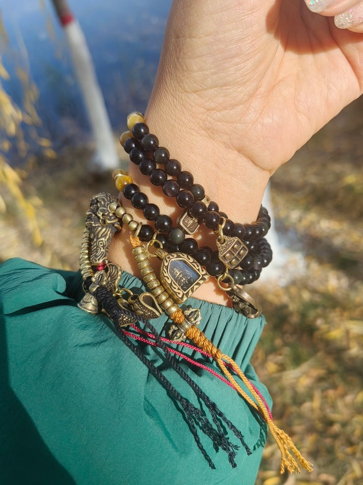 Tibetan 108 Beads Black Obsidian Tiger Eye Blessing Mala Bracelet
