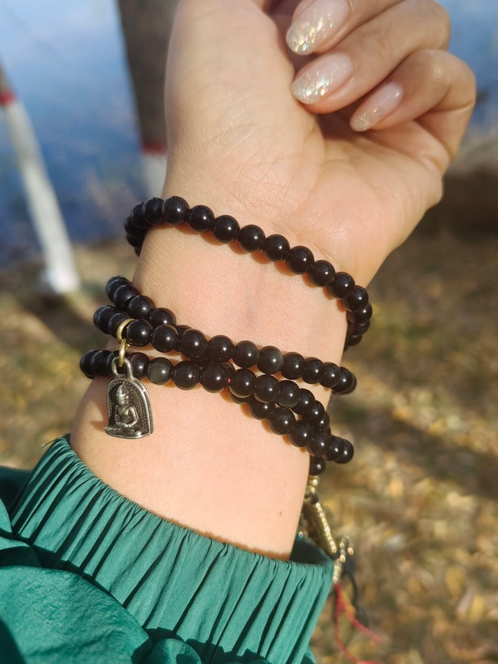 Tibetan 108 Beads Black Obsidian Tiger Eye Blessing Mala Bracelet