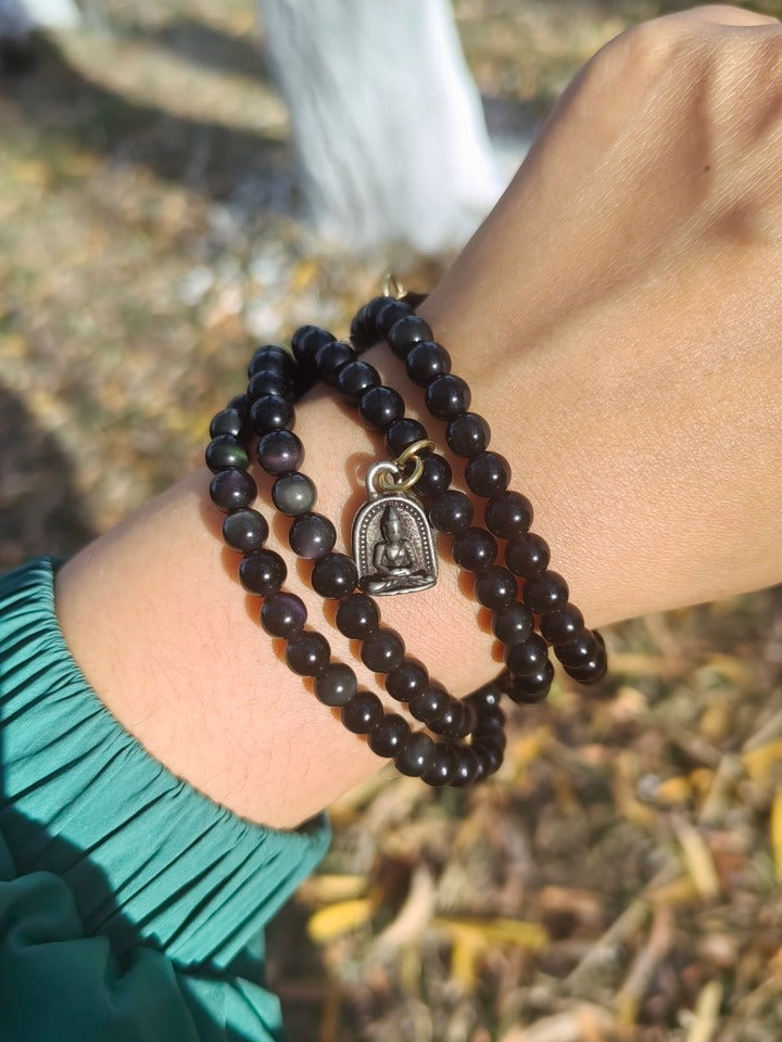 Tibetan 108 Beads Black Obsidian Tiger Eye Blessing Mala Bracelet