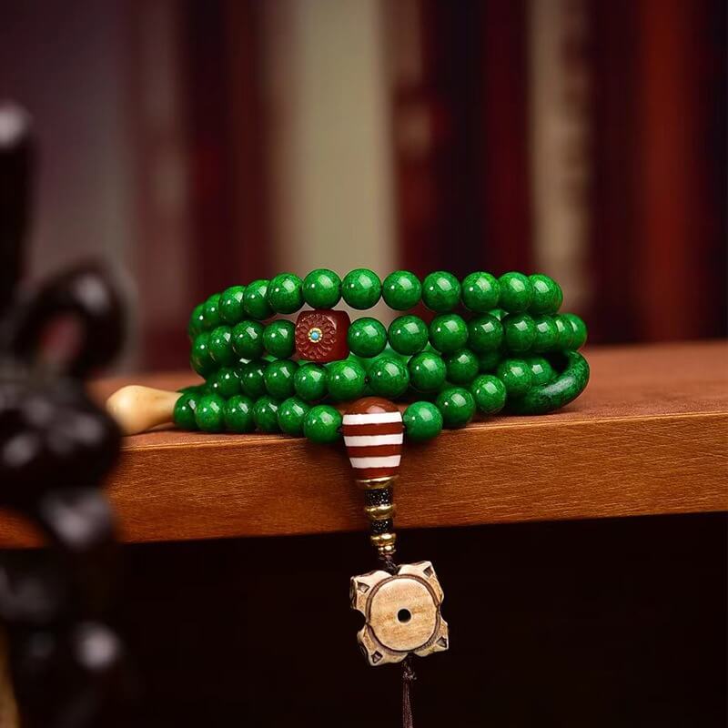 Tibetan 108 Mala Green Agate Beads Spiritual Healing & Protection Bracelet Necklace