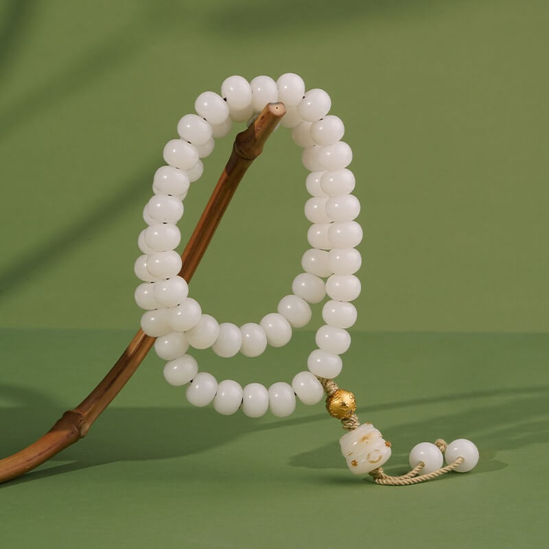 Zen Healing Tibetan 925 Sterling Silver Six-Word Mantra White Jade Bodhi Bead Wisdom Bracelet