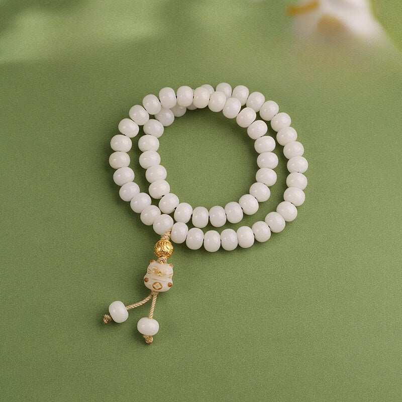 Zen Healing Tibetan 925 Sterling Silver Six-Word Mantra White Jade Bodhi Bead Wisdom Bracelet