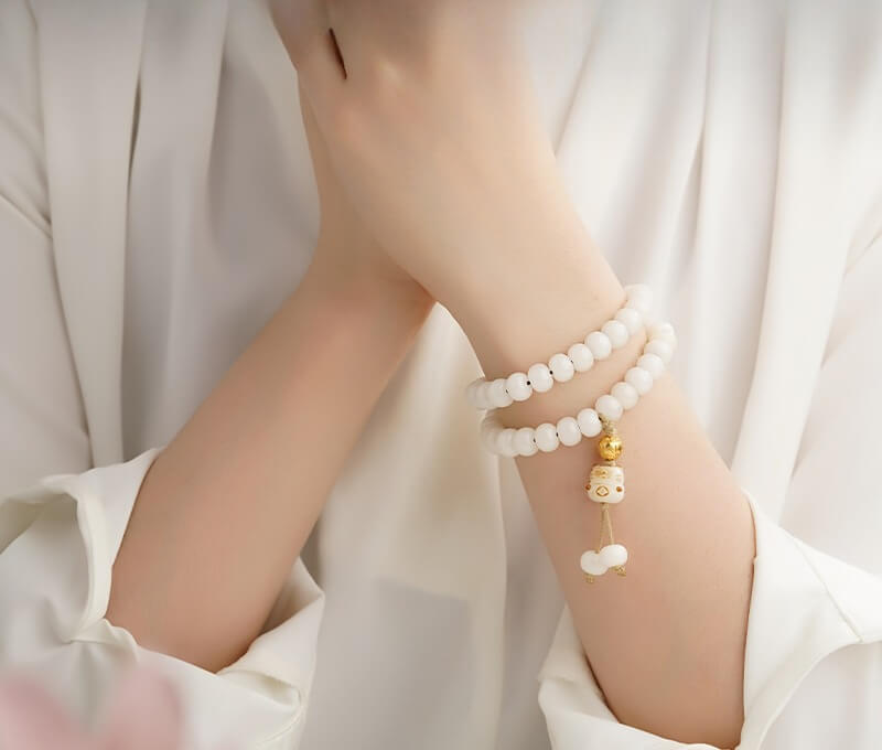 Zen Healing Tibetan 925 Sterling Silver Six-Word Mantra White Jade Bodhi Bead Wisdom Bracelet