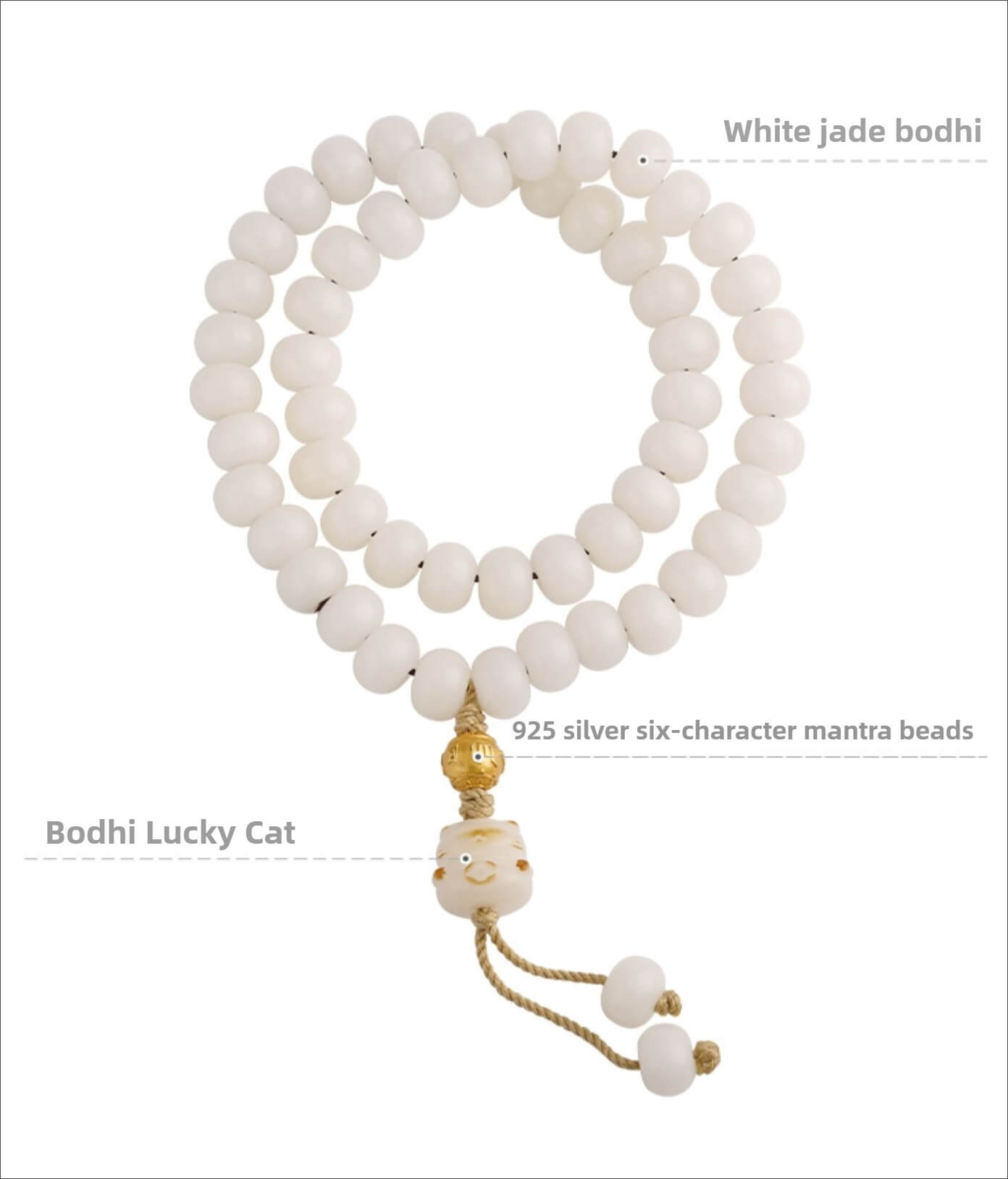 Zen Healing Tibetan 925 Sterling Silver Six-Word Mantra White Jade Bodhi Bead Wisdom Bracelet