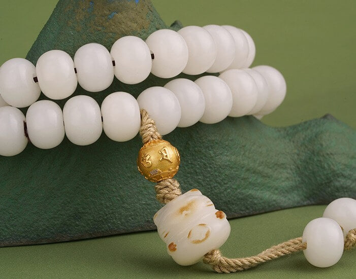 Zen Healing Tibetan 925 Sterling Silver Six-Word Mantra White Jade Bodhi Bead Wisdom Bracelet