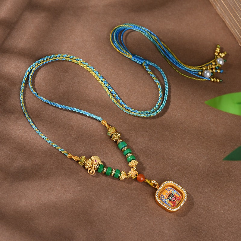 Tibetan Square Ghau Prayer Box Lucky Guardian Hand-painted Thangka Necklace Pendant