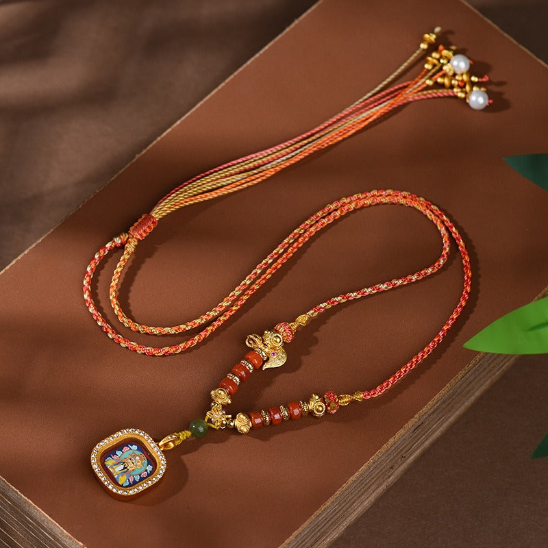Tibetan Square Ghau Prayer Box Lucky Guardian Hand-painted Thangka Necklace Pendant