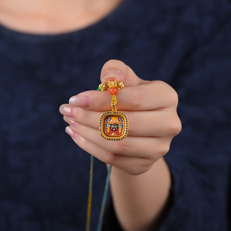 Tibetan Square Ghau Prayer Box Lucky Guardian Hand-painted Thangka Necklace Pendant
