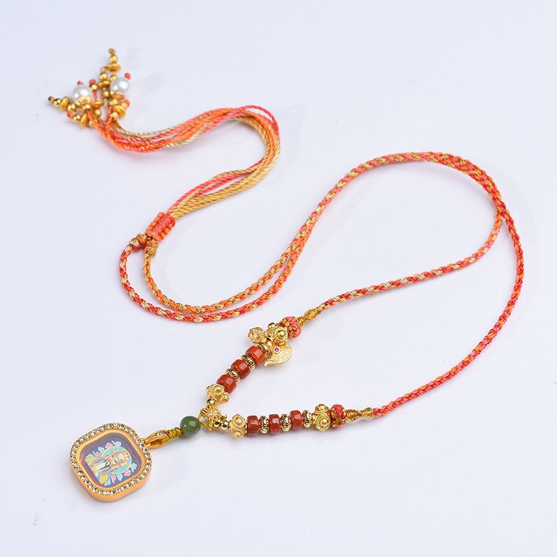 Tibetan Square Ghau Prayer Box Lucky Guardian Hand-painted Thangka Necklace Pendant