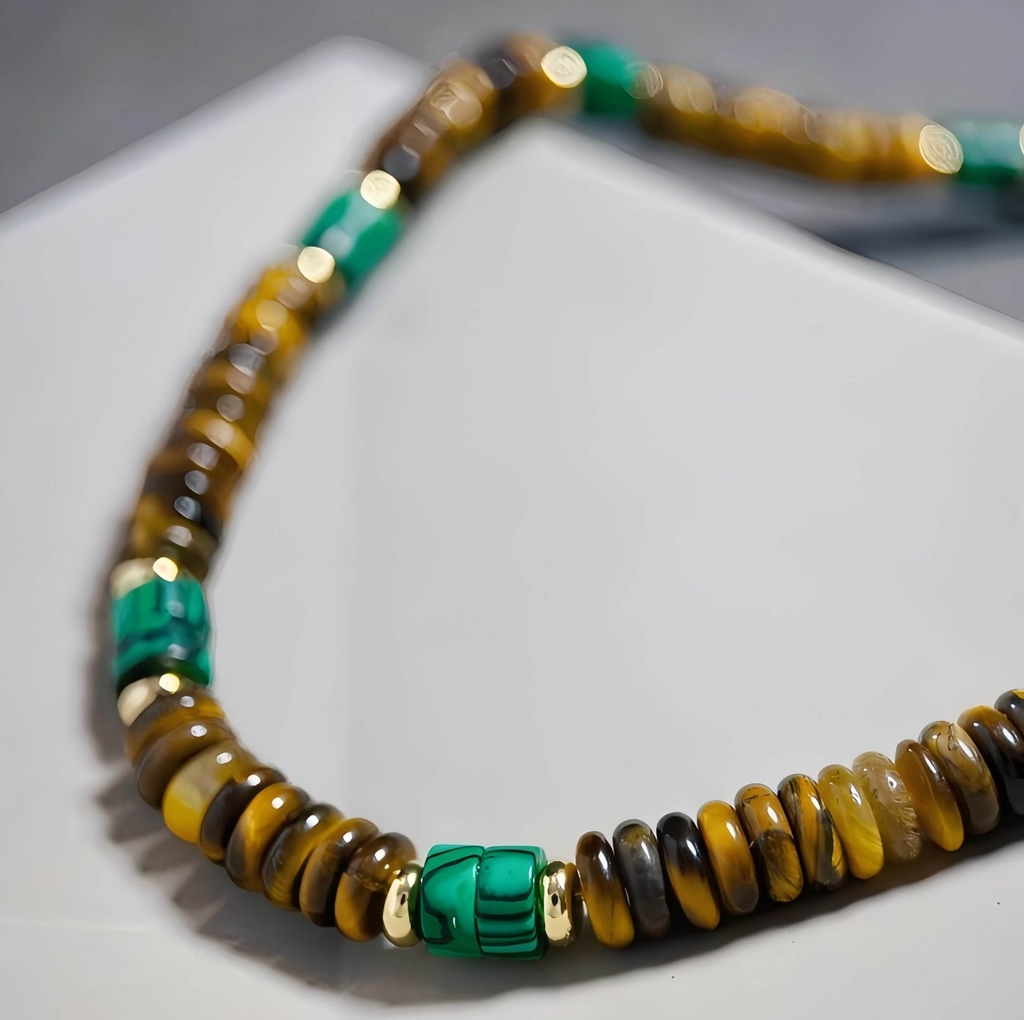 Tiger Eye Malachite Frisbee Vintage Necklace-Success•Energy•Courage•Confidence