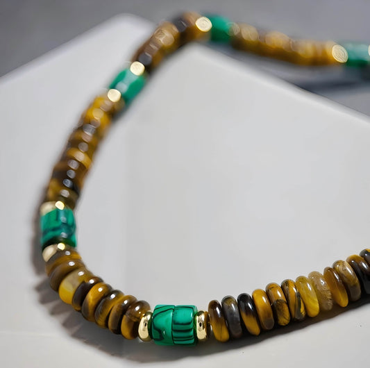 Tiger Eye Malachite Frisbee Vintage Necklace-Success•Energy•Courage•Confidence