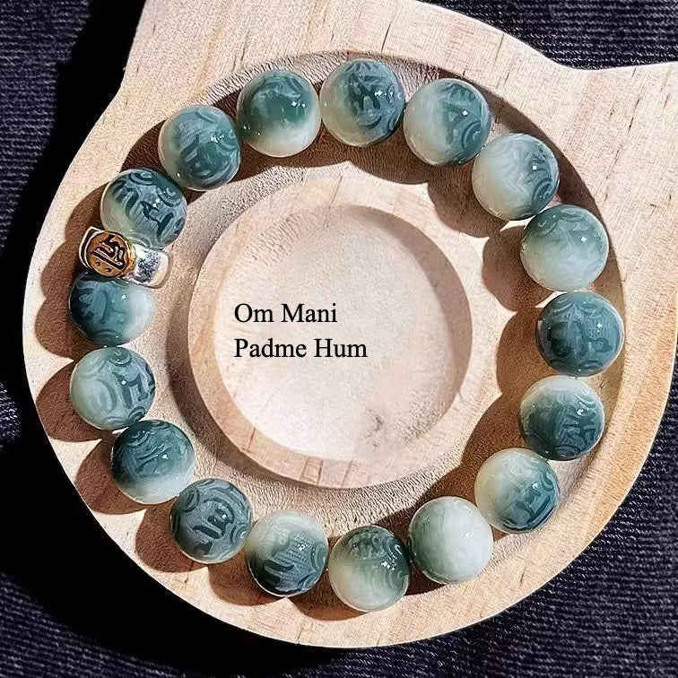 White Jade Bodhi Zodiac Om Mani Padme Hum Buddha Bracelet