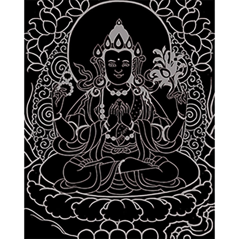 Yellow Jambhala, Samantabhadra, Four-Armed Avalokiteshvara Thangka Pendant Sketch