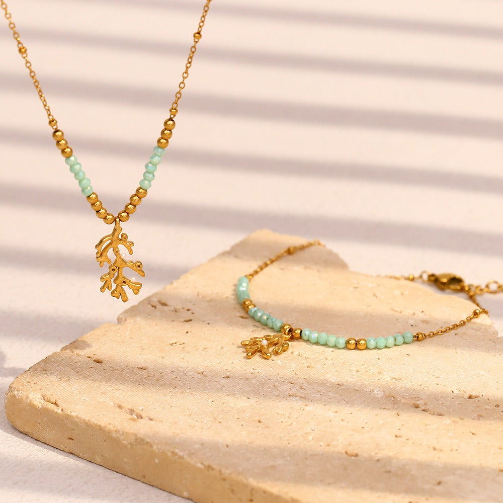 Zen Healing 18K Gold Plated Green Stone Branch Pendant Necklace & Bracelet