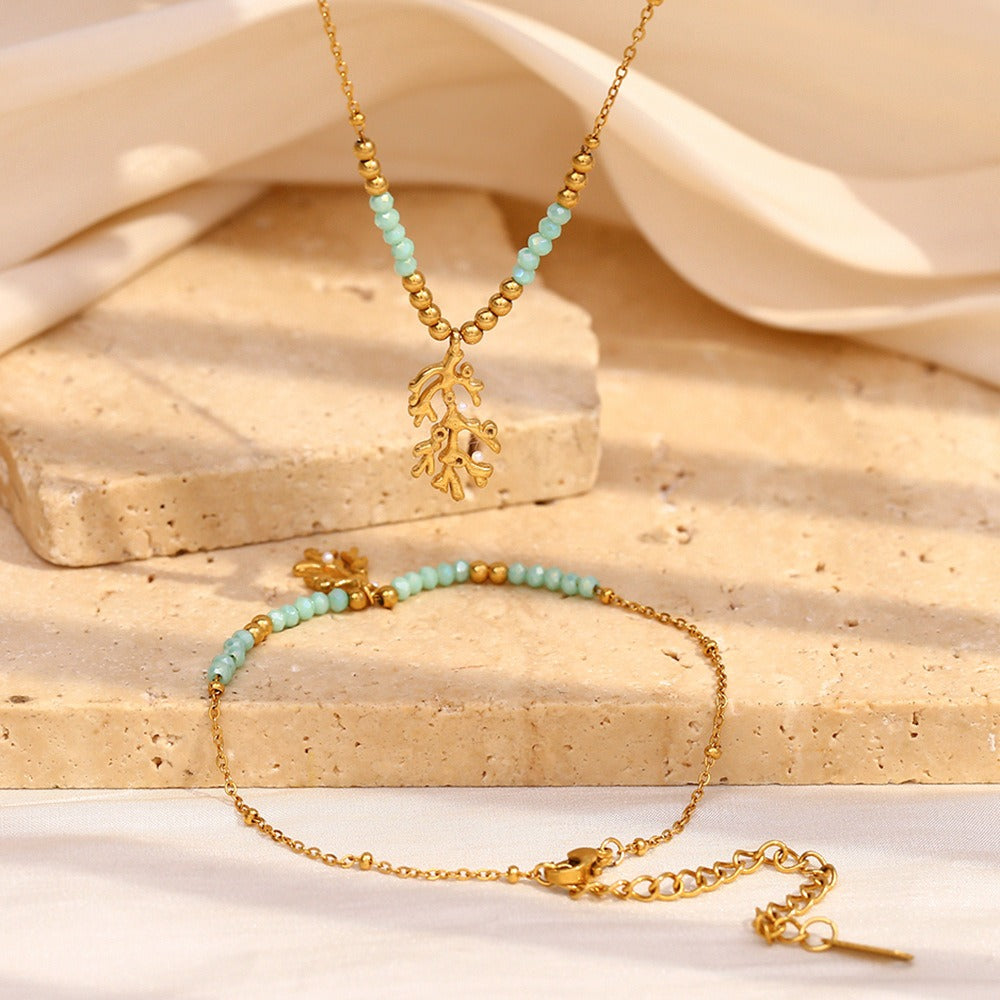 Zen Healing 18K Gold Plated Green Stone Branch Pendant Necklace & Bracelet