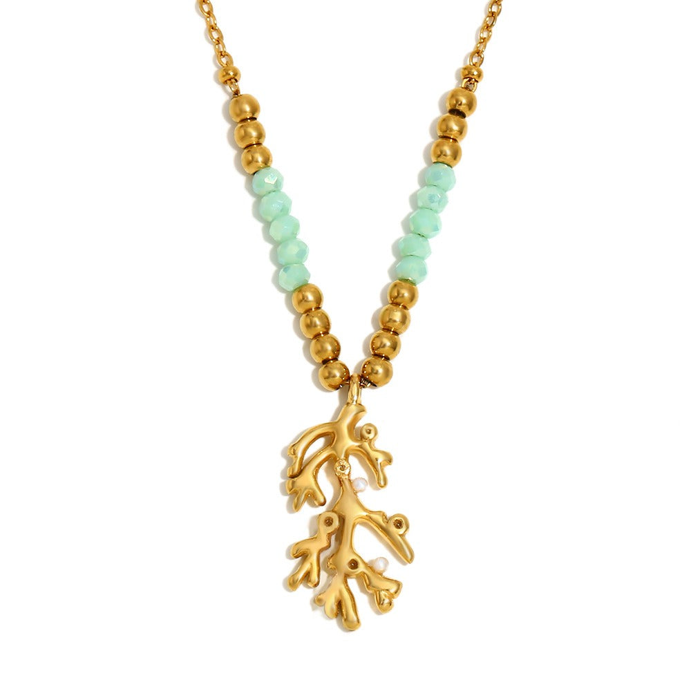 Zen Healing 18K Gold Plated Green Stone Branch Pendant Necklace & Bracelet