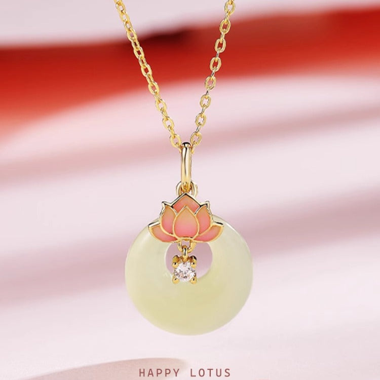 Zen Healing 925 Sterling Silver Lotus Hetian Jade Buckle Peace Necklace
