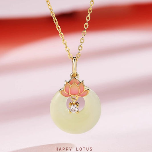 Zen Healing 925 Sterling Silver Lotus Hetian Jade Buckle Peace Necklace