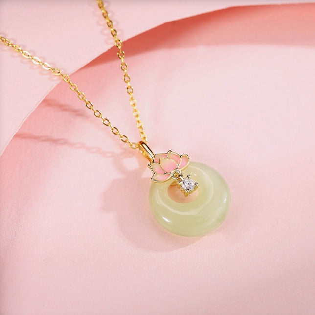 Zen Healing 925 Sterling Silver Lotus Hetian Jade Buckle Peace Necklace