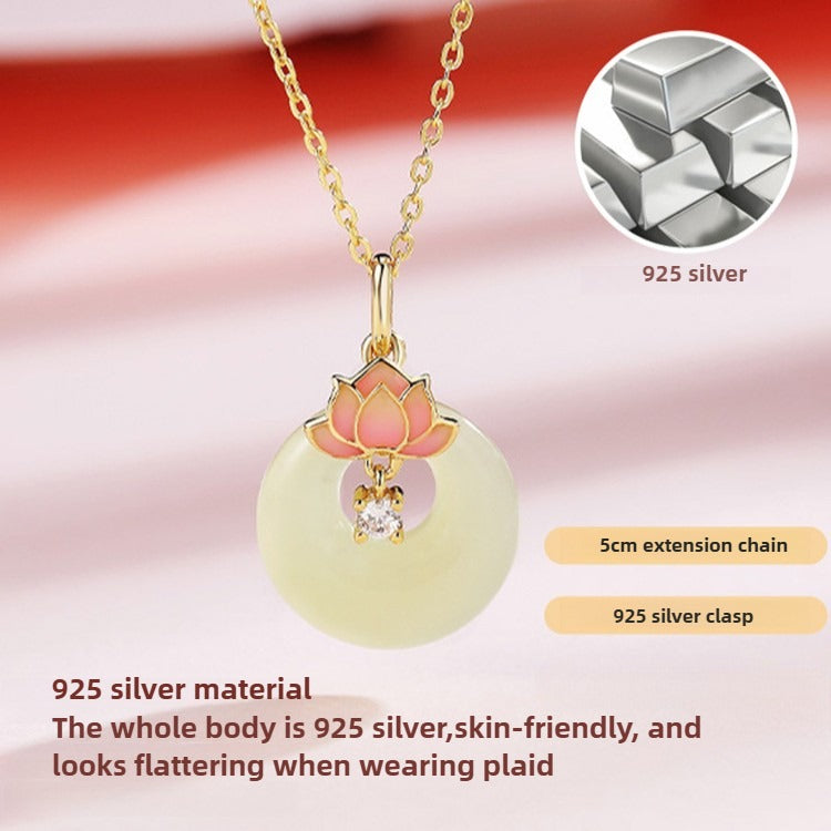Zen Healing 925 Sterling Silver Lotus Hetian Jade Buckle Peace Necklace