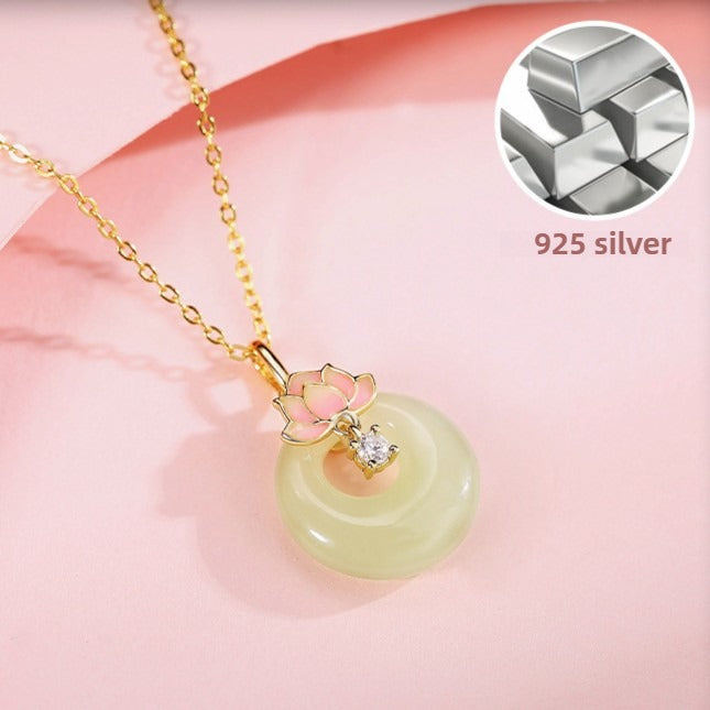 Zen Healing 925 Sterling Silver Lotus Hetian Jade Buckle Peace Necklace