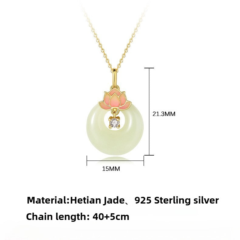 Zen Healing 925 Sterling Silver Lotus Hetian Jade Buckle Peace Necklace