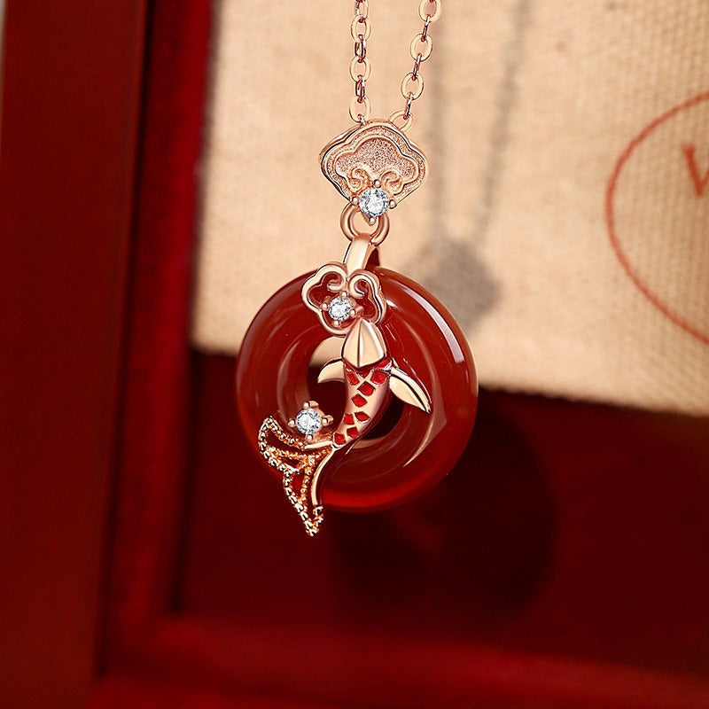 Zen Healing 925 Sterling Silver Red Agate Koi Lucky Peace Pendant Necklace