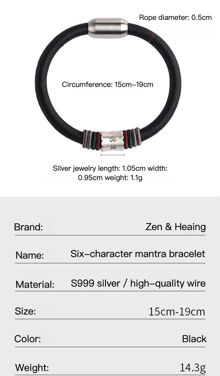 Zen Healing 999 Silver Tibetan Buddhist Handmade Mani Mantra Lucky Magnetic Clasp Bracelet