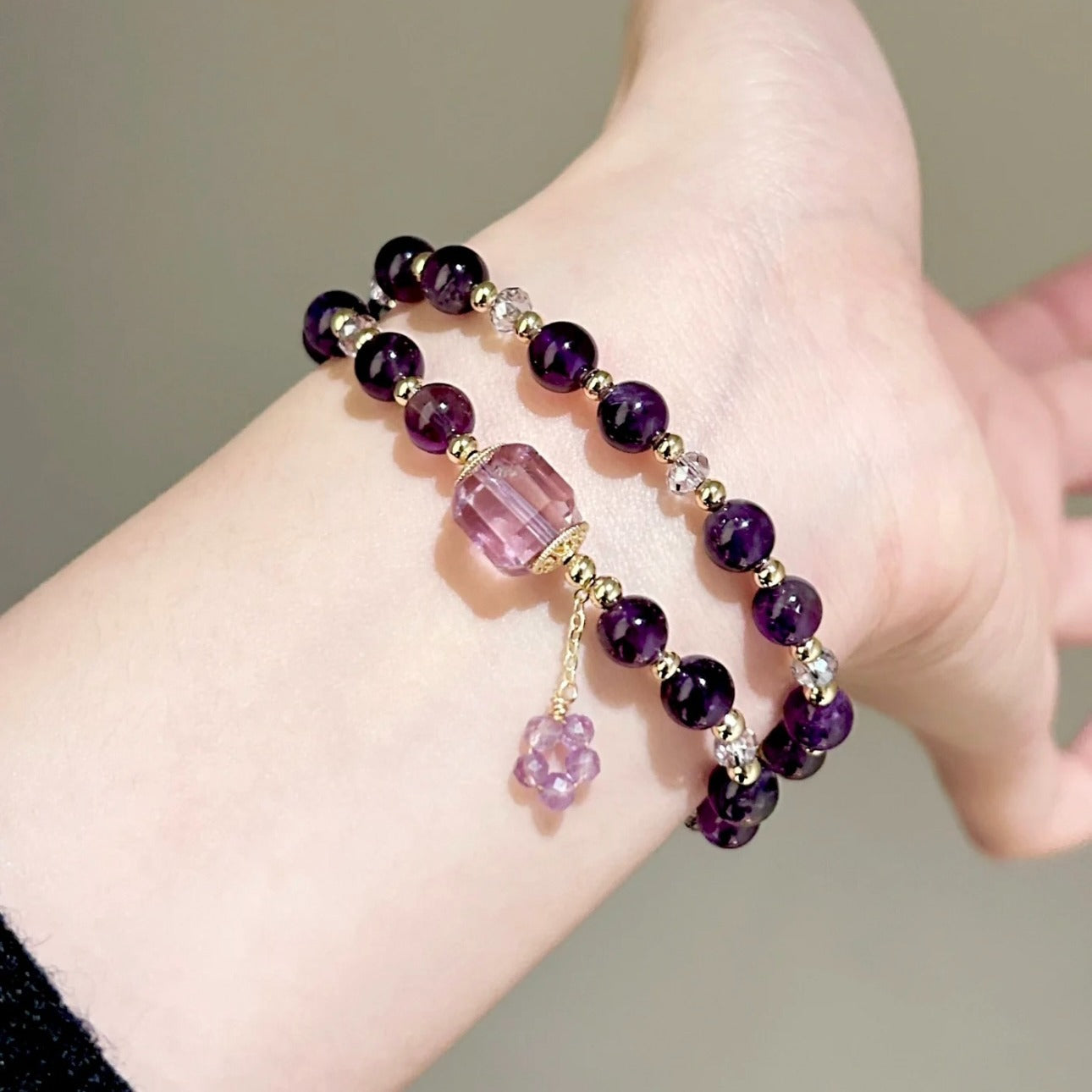 Zen Healing Amethyst Cube Wisdom Double Wrap Bracelet