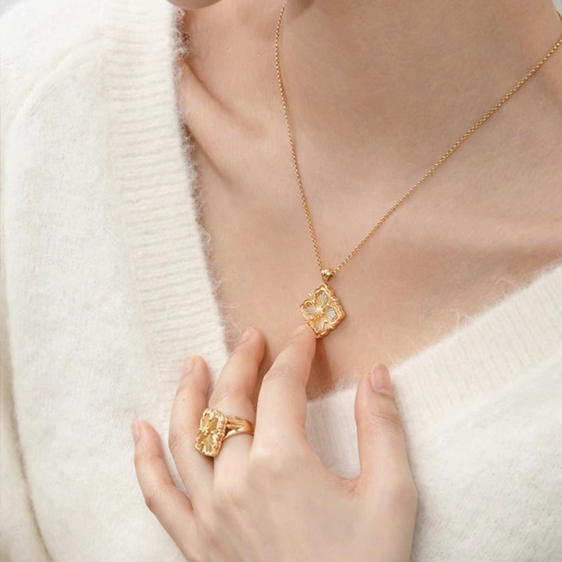 Zen Healing Baroque 24K Gold Plated Floral Clover Pendant Necklace