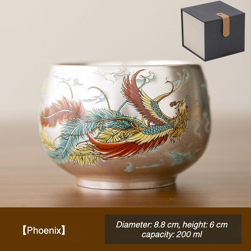 Zen Healing Ceramic with Silver Plating Dragon Phoenix Tea Cup Kung Fu Tea Cup Bowl 200ML