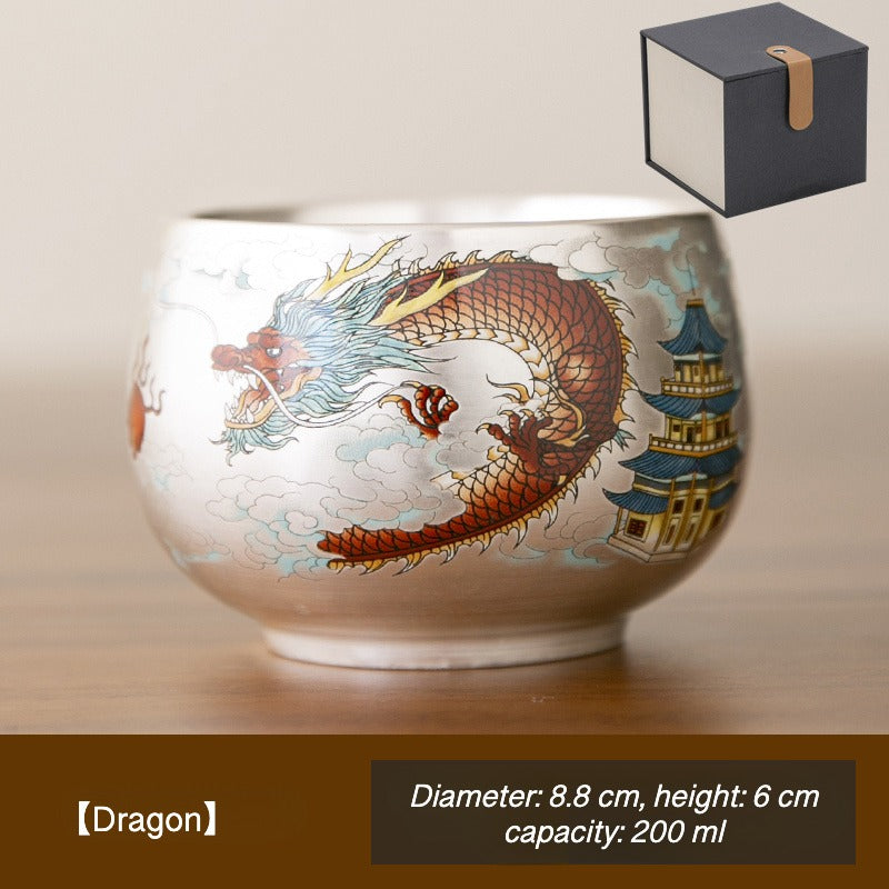 Zen Healing Ceramic with Silver Plating Dragon Phoenix Tea Cup Kung Fu Tea Cup Bowl 200ML