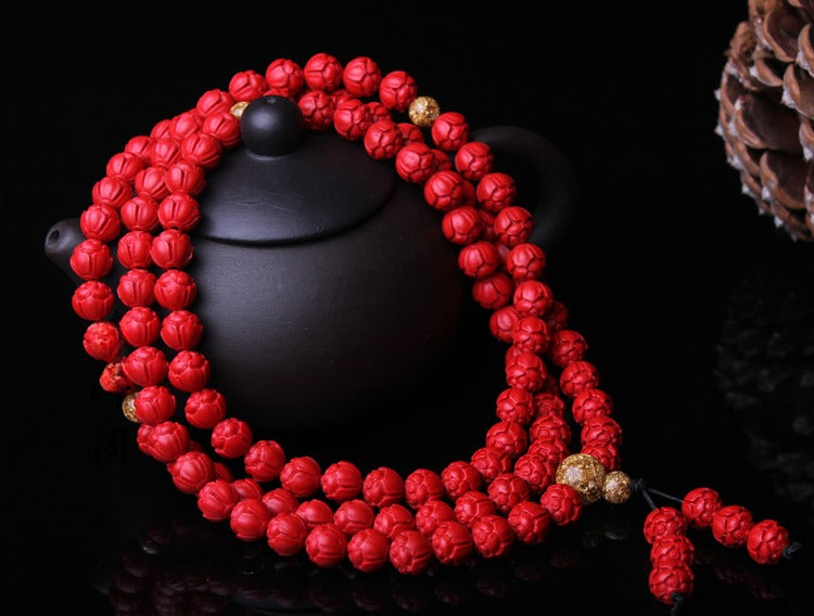 Zen Healing Cinnabar Lotus 108 Mala Prayer Beads Bracelet Buddha Bracelet