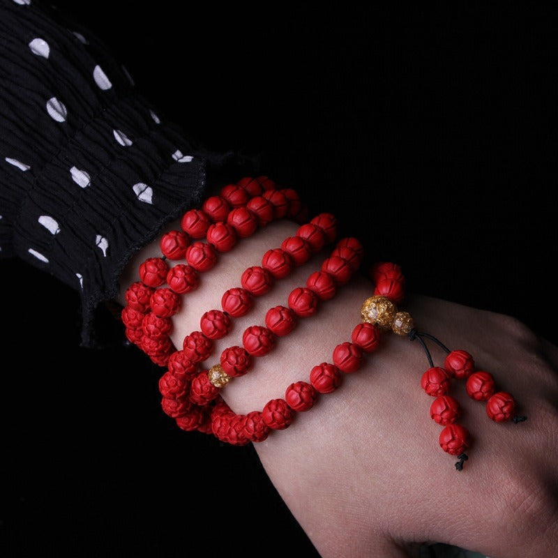 Zen Healing Cinnabar Lotus 108 Mala Prayer Beads Bracelet Buddha Bracelet