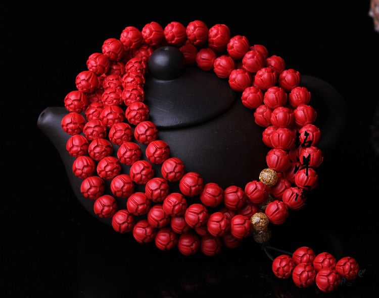 Zen Healing Cinnabar Lotus 108 Mala Prayer Beads Bracelet Buddha Bracelet