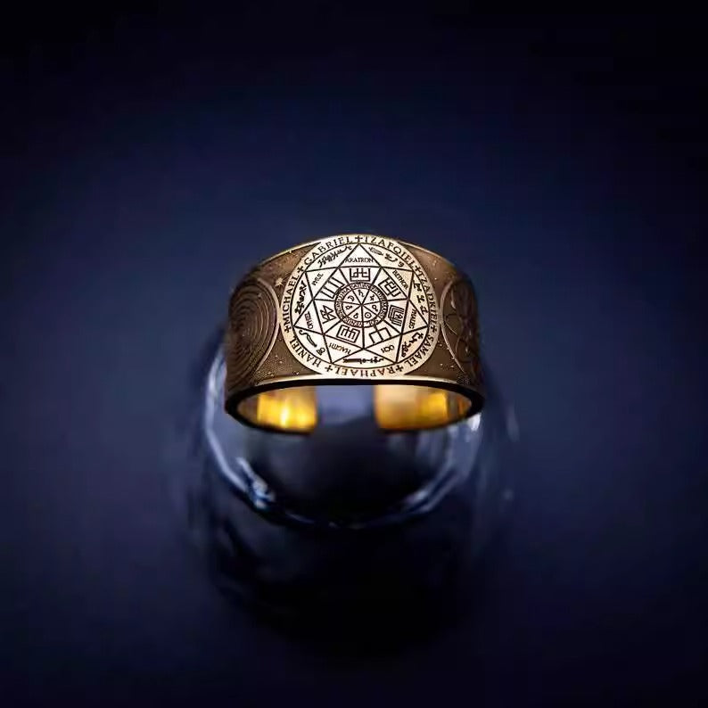 Zen Healing Copper Brass Amulet Secret Solomon Pattern Adjustable Ring