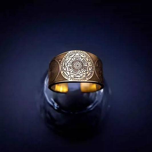 Zen Healing Copper Brass Amulet Secret Solomon Pattern Adjustable Ring