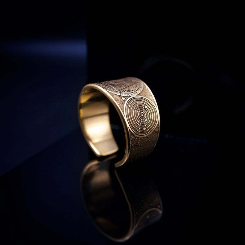 Zen Healing Copper Brass Amulet Secret Solomon Pattern Adjustable Ring