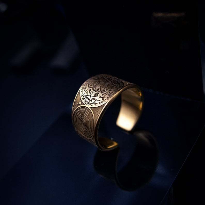 Zen Healing Copper Brass Amulet Secret Solomon Pattern Adjustable Ring