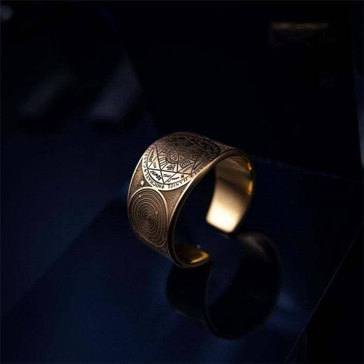 Zen Healing Copper Brass Amulet Secret Solomon Pattern Adjustable Ring