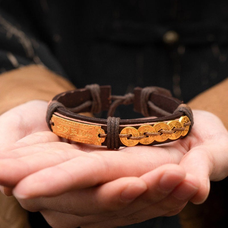 Zen Healing Copper Coin Luck Charm Leather Adjustable Bracelet