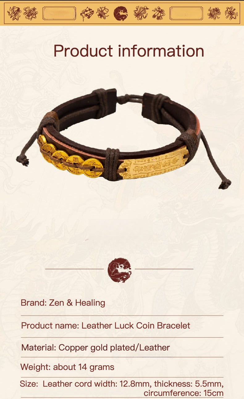 Zen Healing Copper Coin Luck Charm Leather Adjustable Bracelet