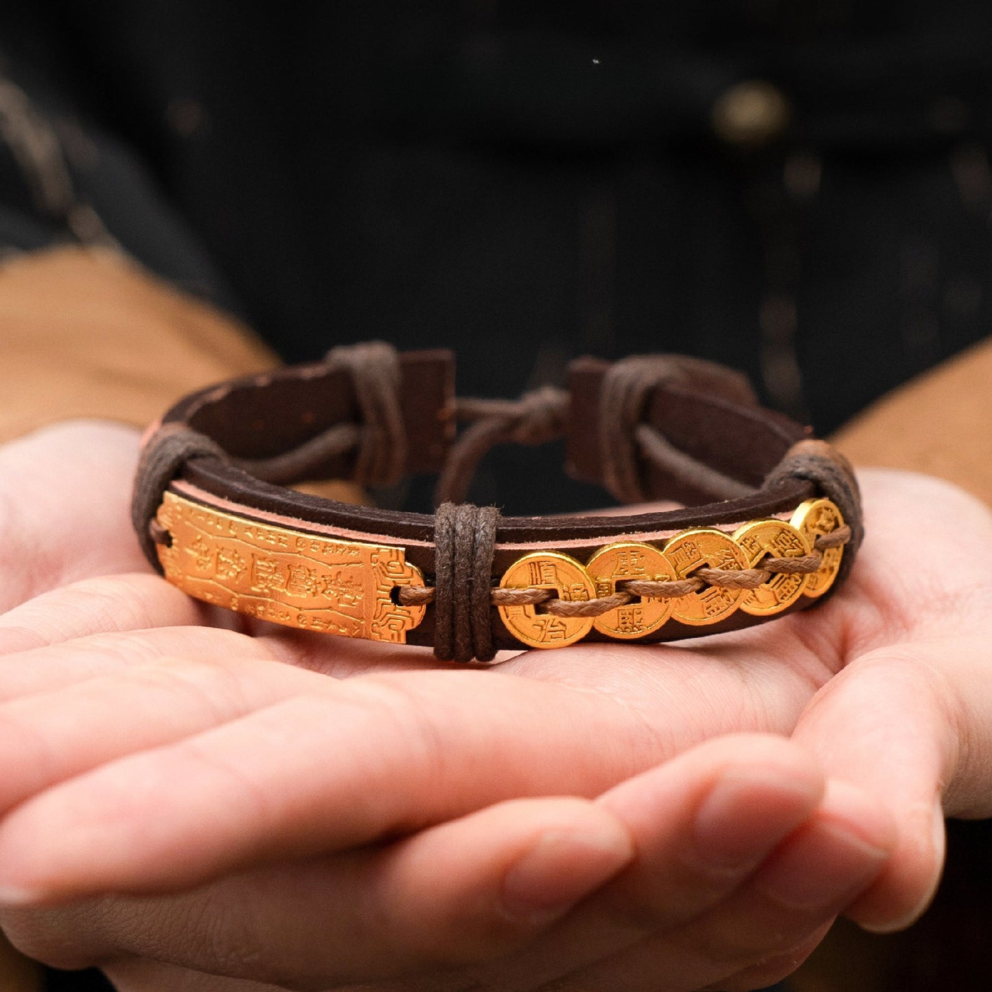 Zen Healing Copper Coin Luck Charm Leather Adjustable Bracelet