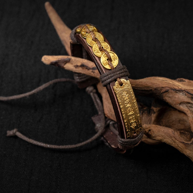Zen Healing Copper Coin Luck Charm Leather Adjustable Bracelet