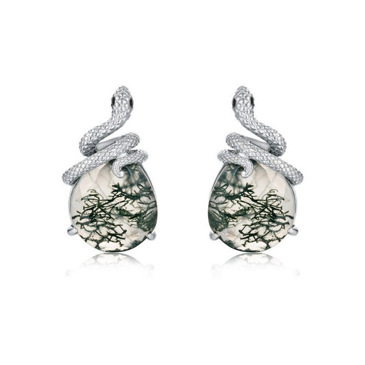 Zen Healing Moss Agate 925 Silver Year of the snake Stud Earrings