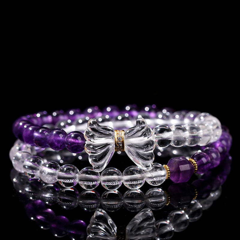 Zen Healing Natural Amethyst White Crystal Butterfly Charm Luck Bracelet Double Circle Bracelet