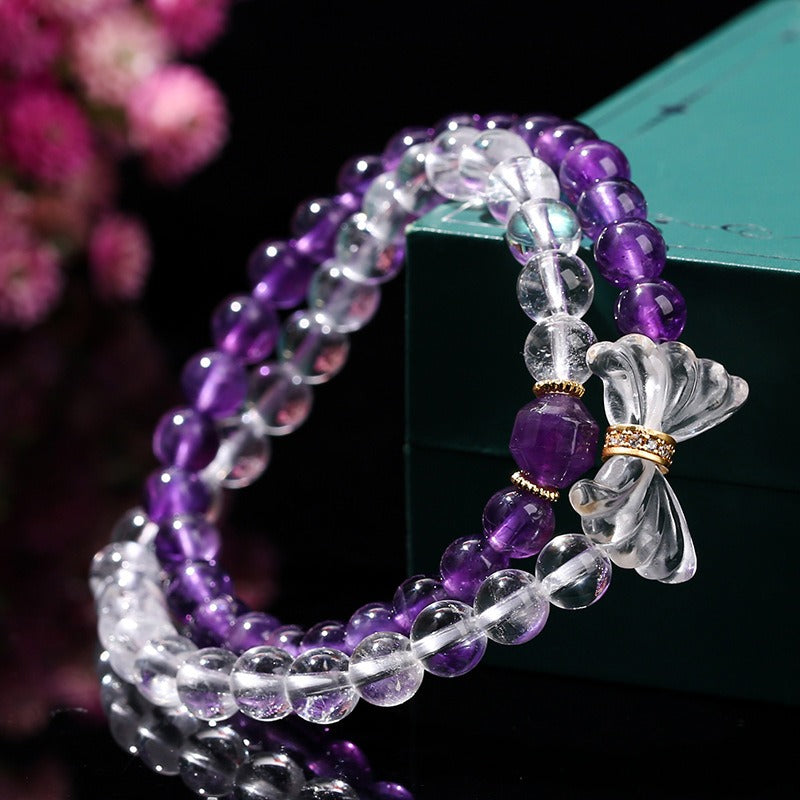 Zen Healing Natural Amethyst White Crystal Butterfly Charm Luck Bracelet Double Circle Bracelet