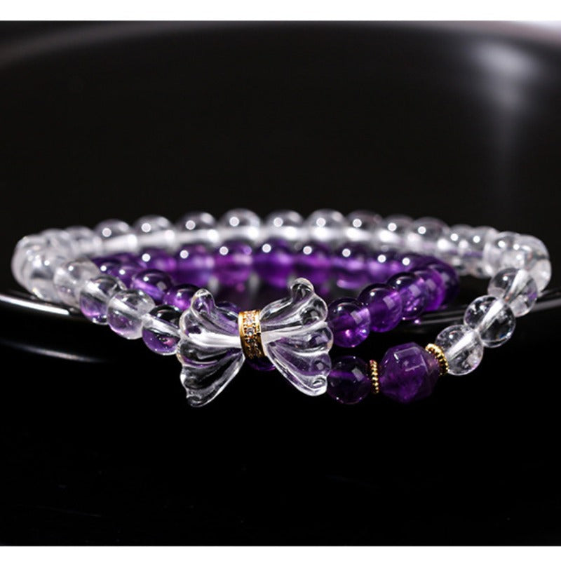 Zen Healing Natural Amethyst White Crystal Butterfly Charm Luck Bracelet Double Circle Bracelet