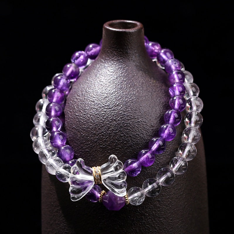 Zen Healing Natural Amethyst White Crystal Butterfly Charm Luck Bracelet Double Circle Bracelet